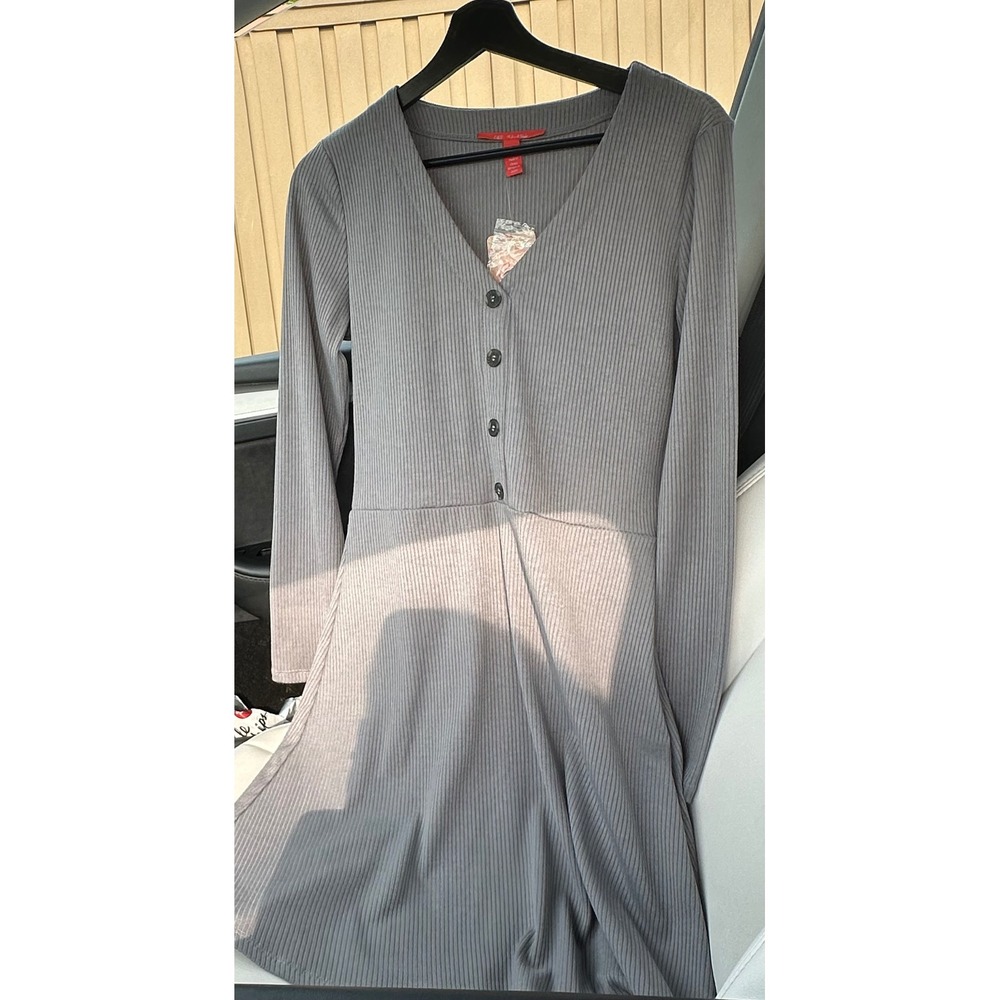 Chelsea & Violet Gray Ribbed V-Neck Button Front Fit and Flare Dress Large NWT - Picture 9 of 9